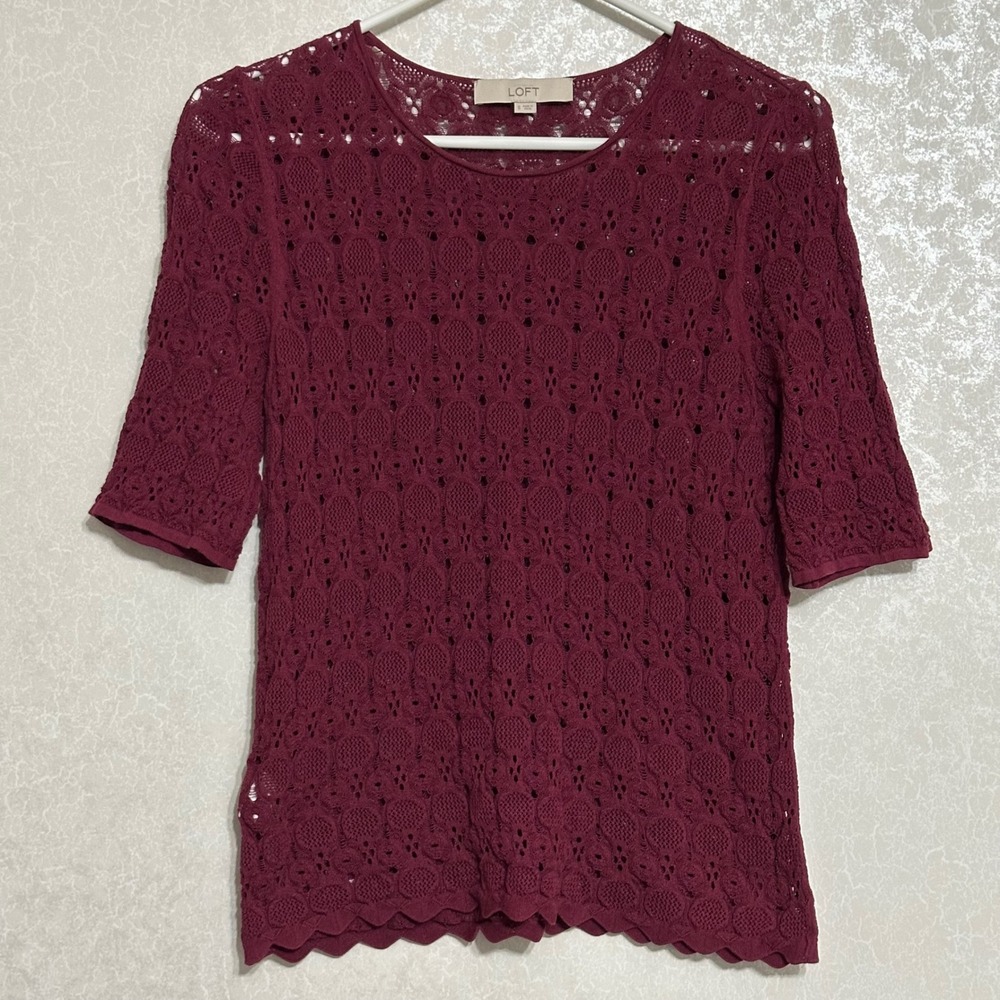 Ann Taylor LOFT Open Knit Crochet Top 100% Cotton Short Sleeve Burgundy Maroon S